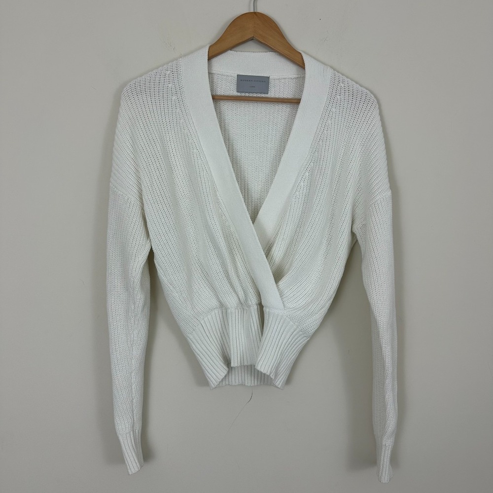 Modern Citizen Deep V Sweater White Knitted Cotton Surplice Wrap Front Womens L